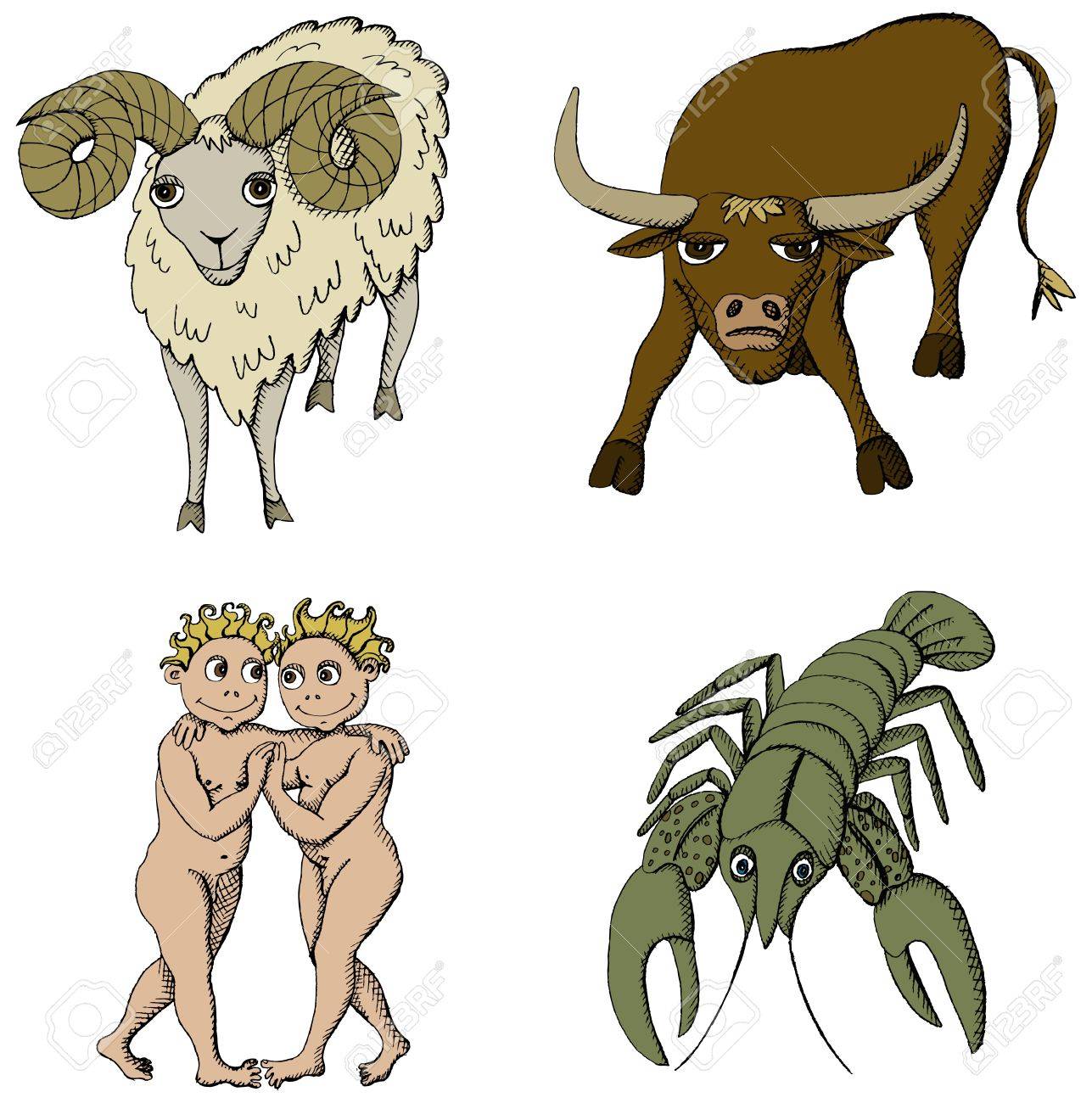 Vector Illustration Of Zodiac Signs - Ram, Bull, Twins And Crab. See My  Portfolio For Other Signs. Royalty Free SVG, Cliparts, Vectors, And Stock  Illustration. Image 12219947.