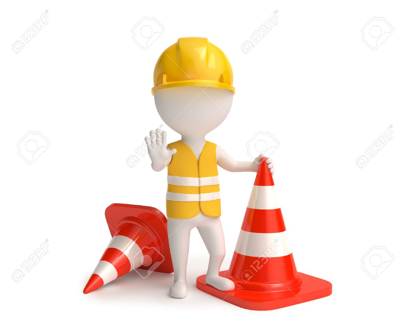 White little worker in helmet with red traffic-cones - 41621332 White little worker in helmet with red traffic-cones - 41621332