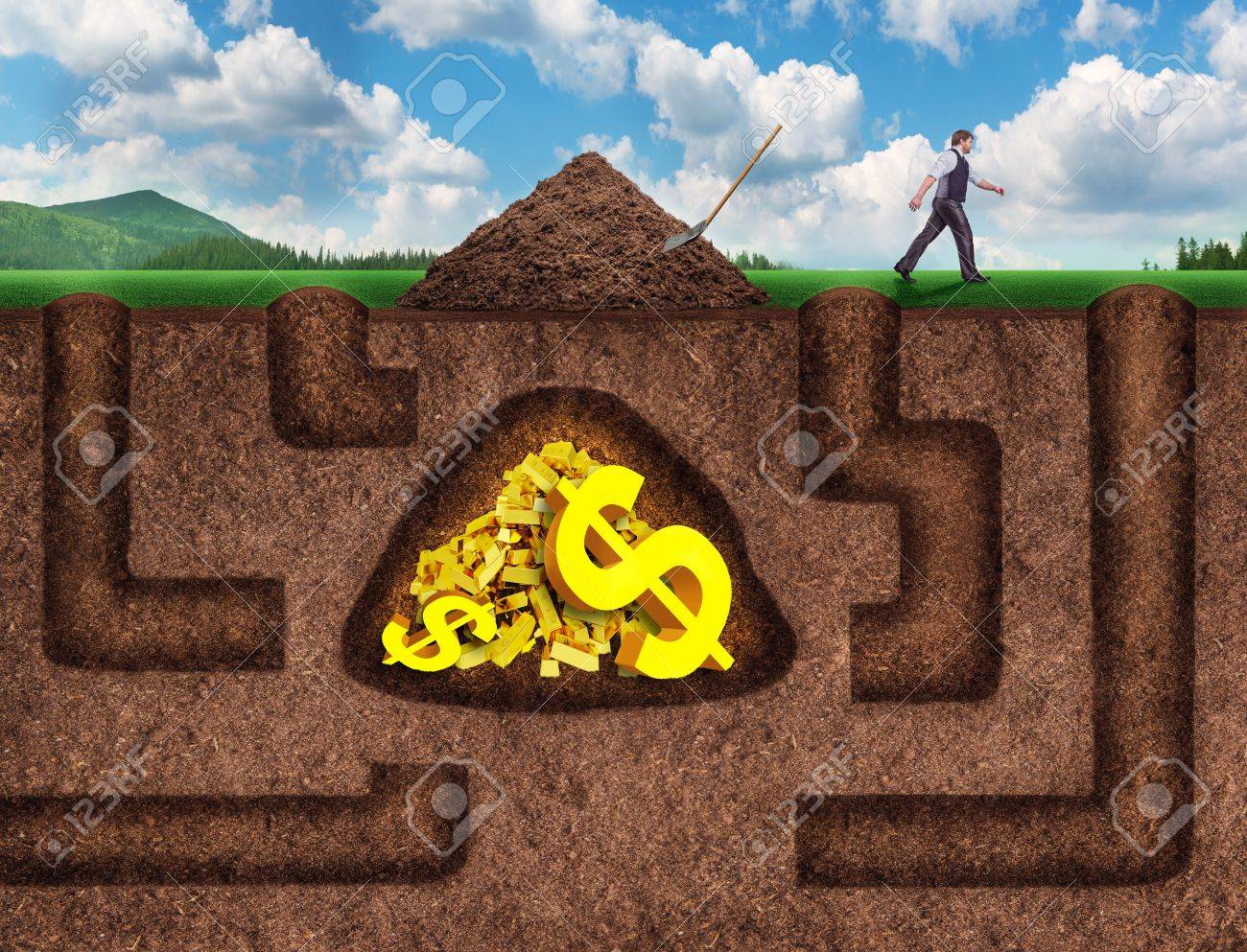 Businessman made many tunnels to get treasure underground, he gave up and went away - 42119219 Businessman made many tunnels to get treasure underground, he gave up and went away - 42119219
