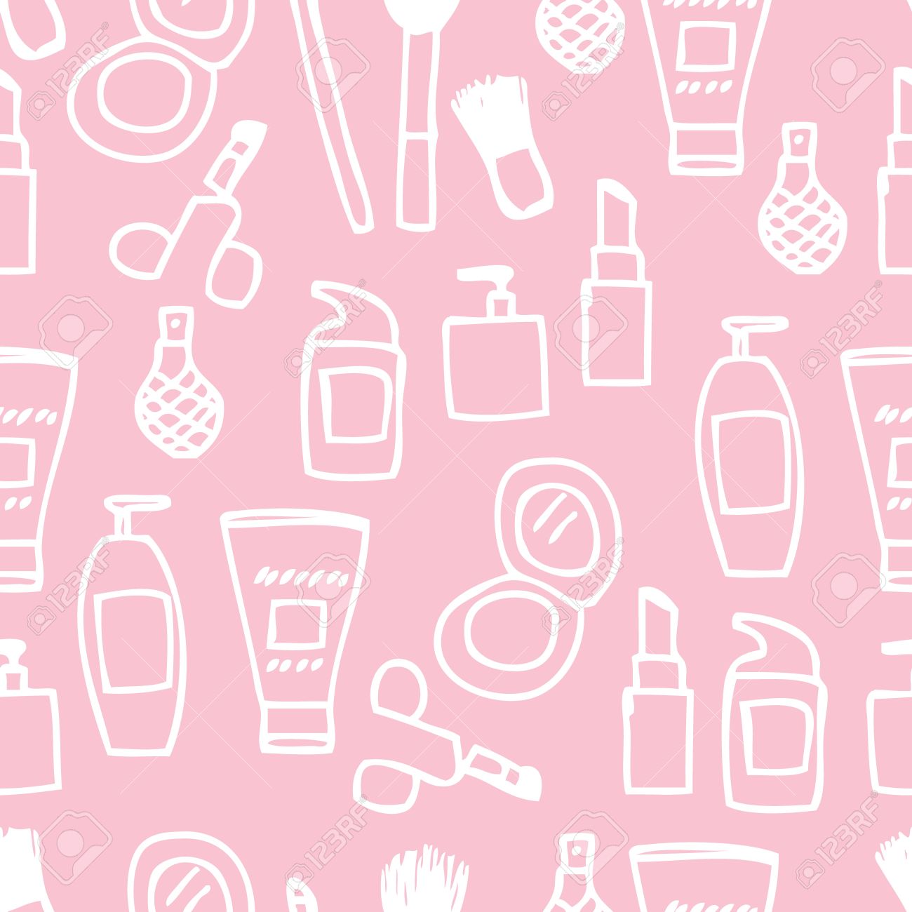 かわいいのイラストが描かれた化粧品アイコンのシームレスなパターンを手します のイラスト素材 ベクタ Image