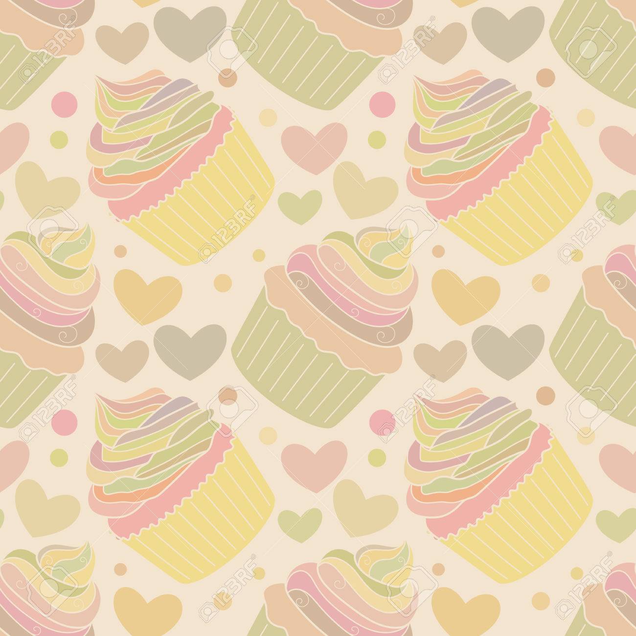 落書きカップケーキと心のシームレスなパターン 手描きの背景イラスト