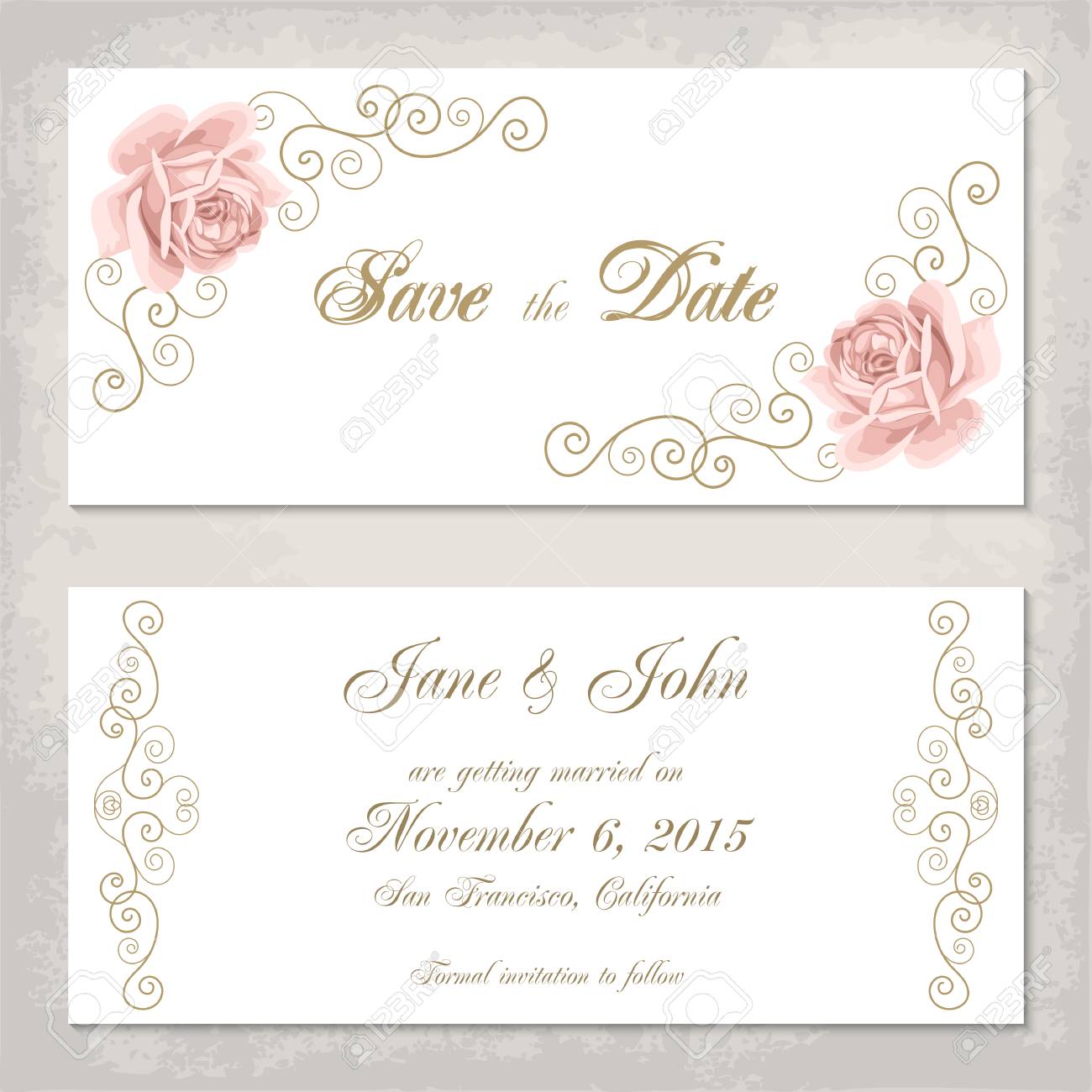 vintage invitation template with roses and golden curly design