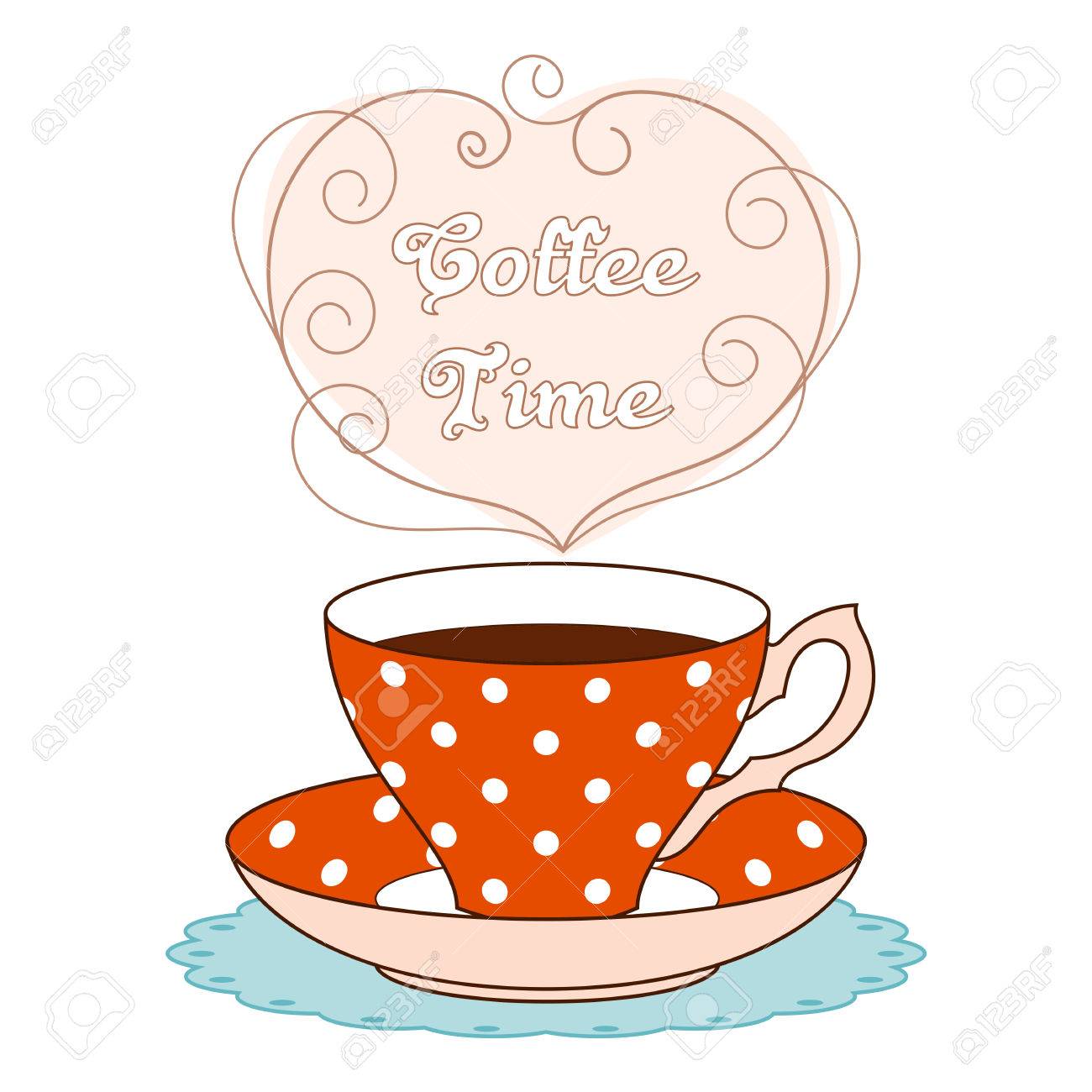 コーヒーや紅茶でかわいい水玉ティーカップのイラスト コーヒー タイム テキスト メッセージ グリーティング カードやパーティの招待状のテンプレート の イラスト素材 ベクタ Image