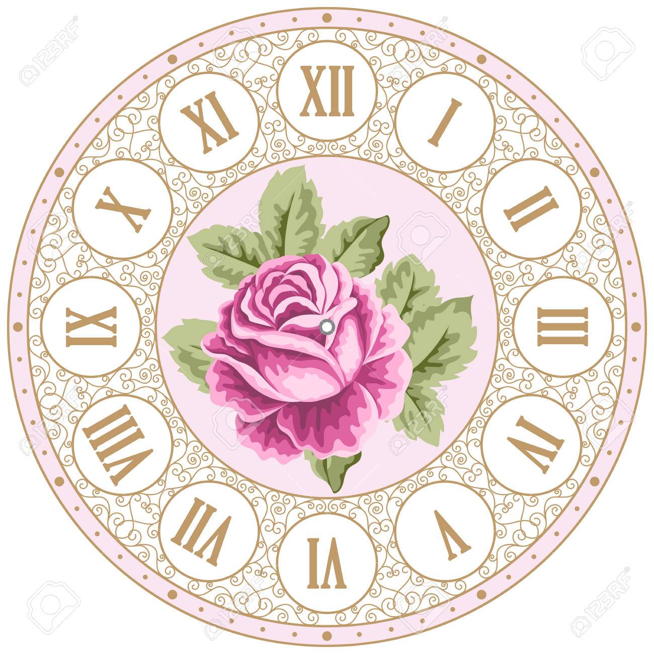 手とビンテージ時計の顔には カラフルなバラとカーリー デザイン要素が描画されます ぼろぼろのシックなイラストのイラスト素材 ベクタ Image 49463850