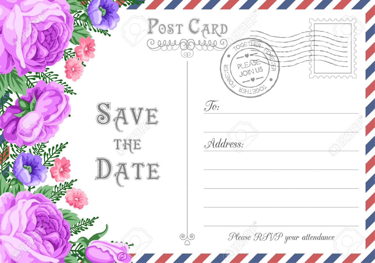 vintage postcard wedding invitation template with flowers save