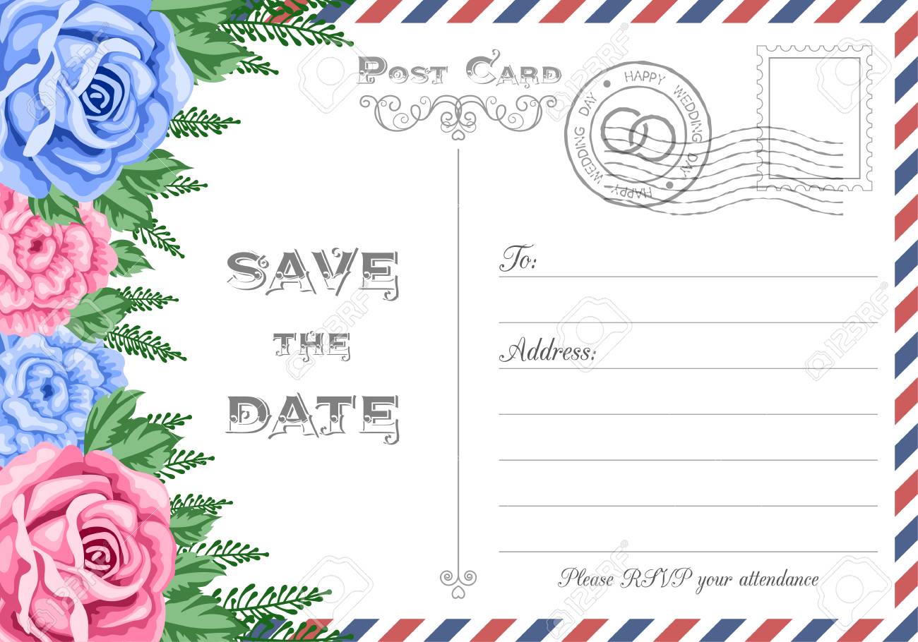 vintage postcard wedding invitation template with flowers save postcard wedding invitations template free