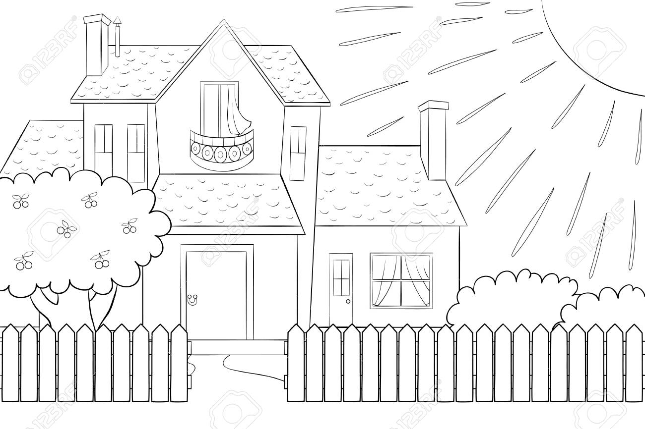 A Cute House With Tree Bushes Fence And Sun Image For Children
