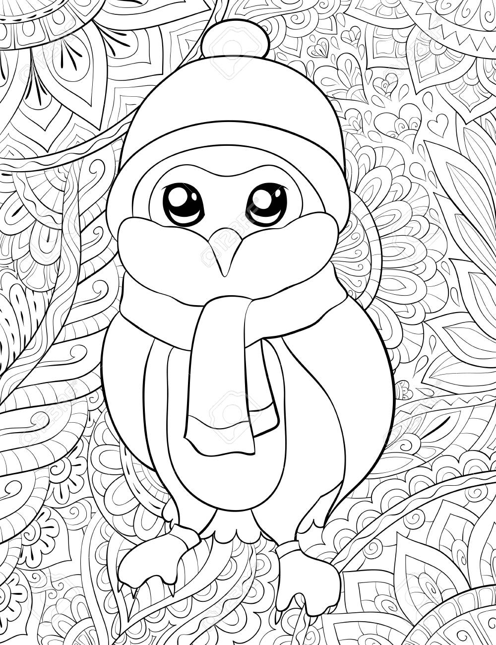 A Cute Cartoon Owl Wearing A Christmas Cap And Scarf And Gloves Image For Adults A Coloring Book Page For Relaxing Activity Zen Art Style Illustration For Print Poster Design Royalty Free Cliparts Vectors And Stock