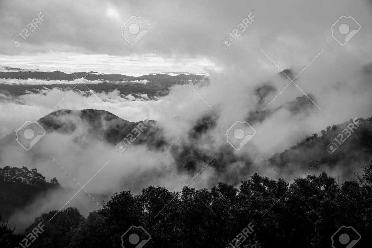 Silhouette Moody Sea Of Fog Over Valley With Mountain Background Stock Photo Picture And Royalty Free Image Image 84545715
