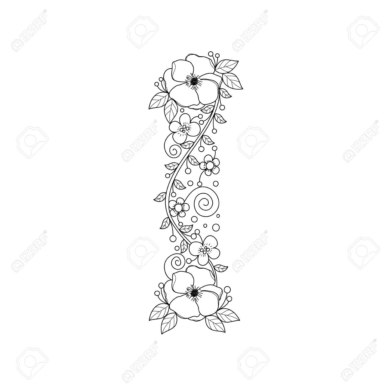 Floral Alphabet Letter I Coloring Book For Adults. Vector - Floral Alphabet Letter I Coloring Book For Adults. Vector