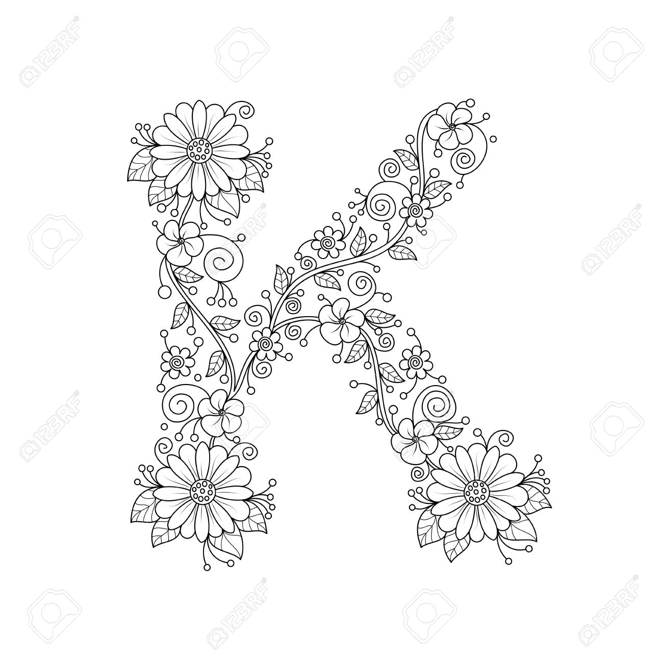 Floral Alphabet Letter K Coloring Book For Adults. Vector - Floral Alphabet Letter K Coloring Book For Adults. Vector