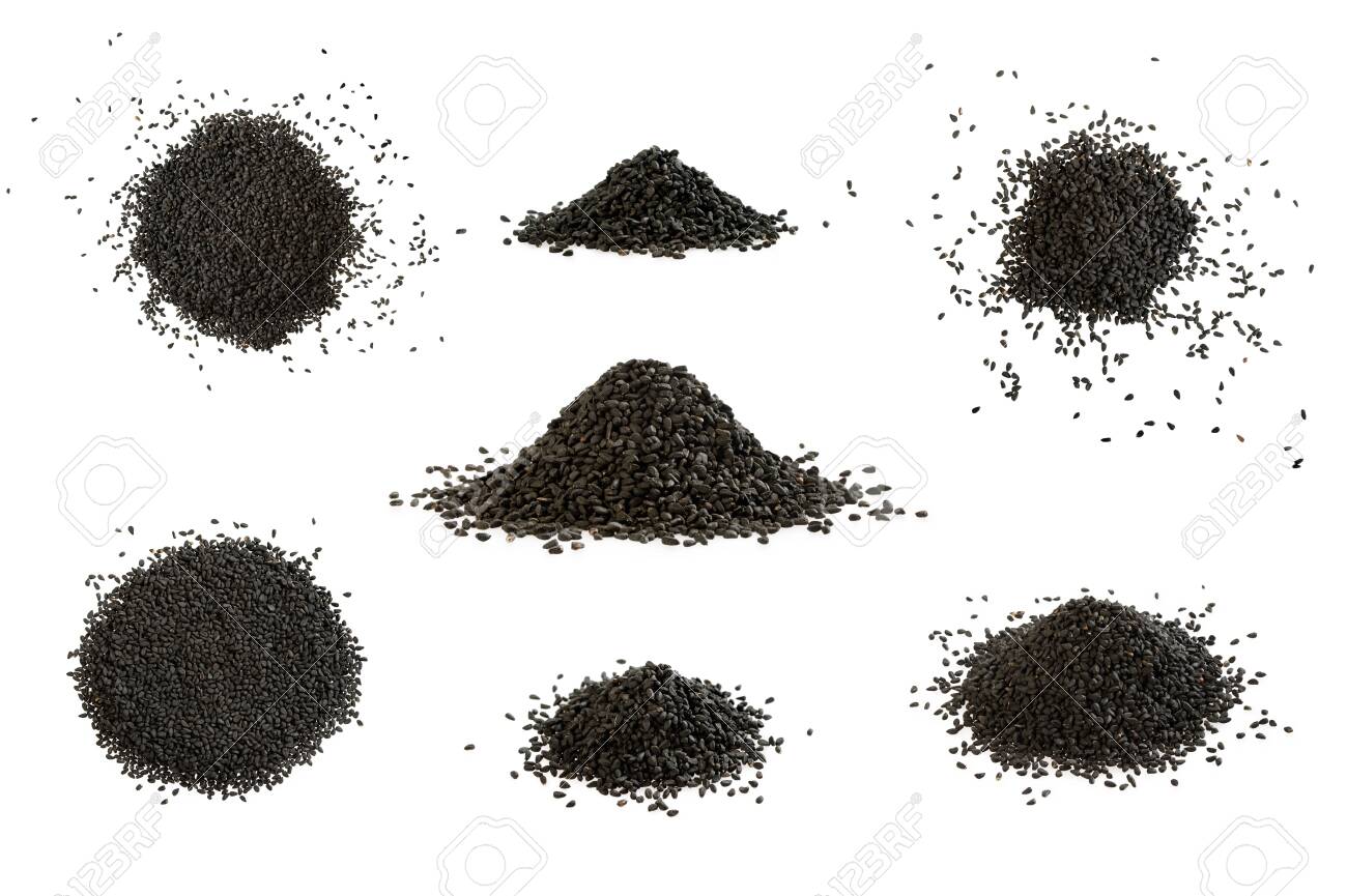Big set of black cumin heap on white background. A pile of nigella sativa seed. - 121614433 Big set of black cumin heap on white background. A pile of nigella sativa seed. - 121614433