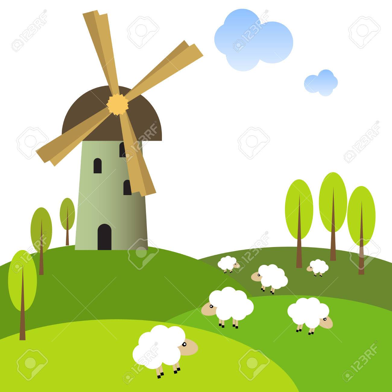 Illustration Einer Windmuhle Auf Friedliche Wiese Mit Schafen Lizenzfrei Nutzbare Vektorgrafiken Clip Arts Illustrationen Image 43928956