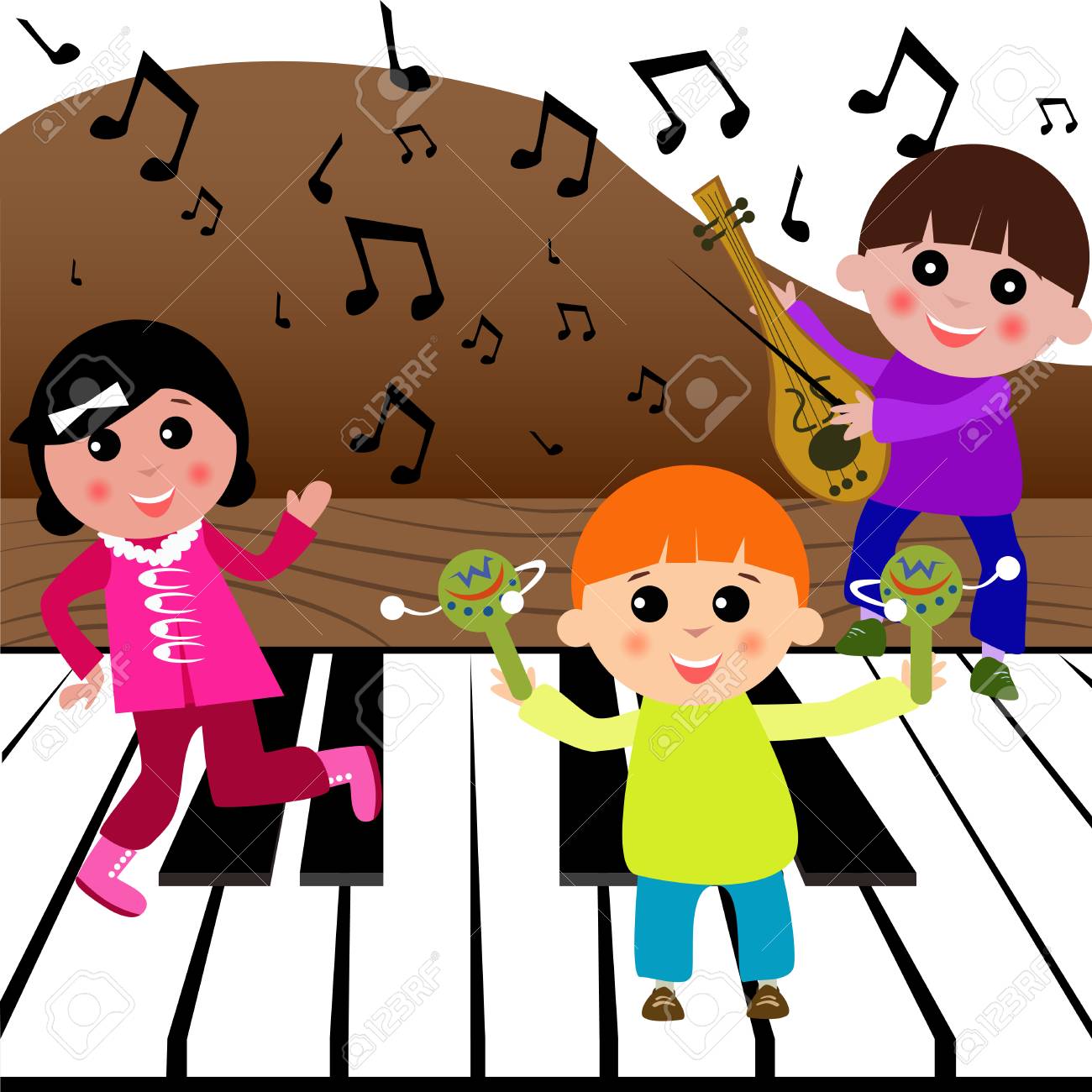 大きなピアノで楽器で遊んでいる子供たち のイラスト素材 ベクタ Image
