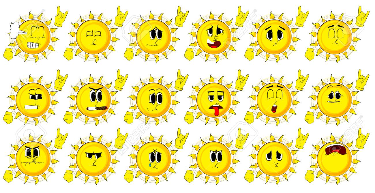 Soleil De Dessin Animé Avec Les Mains Dans La Pose De Rocker Collection Avec Des Visages Tristes Expressions Vectorielles Ensemble