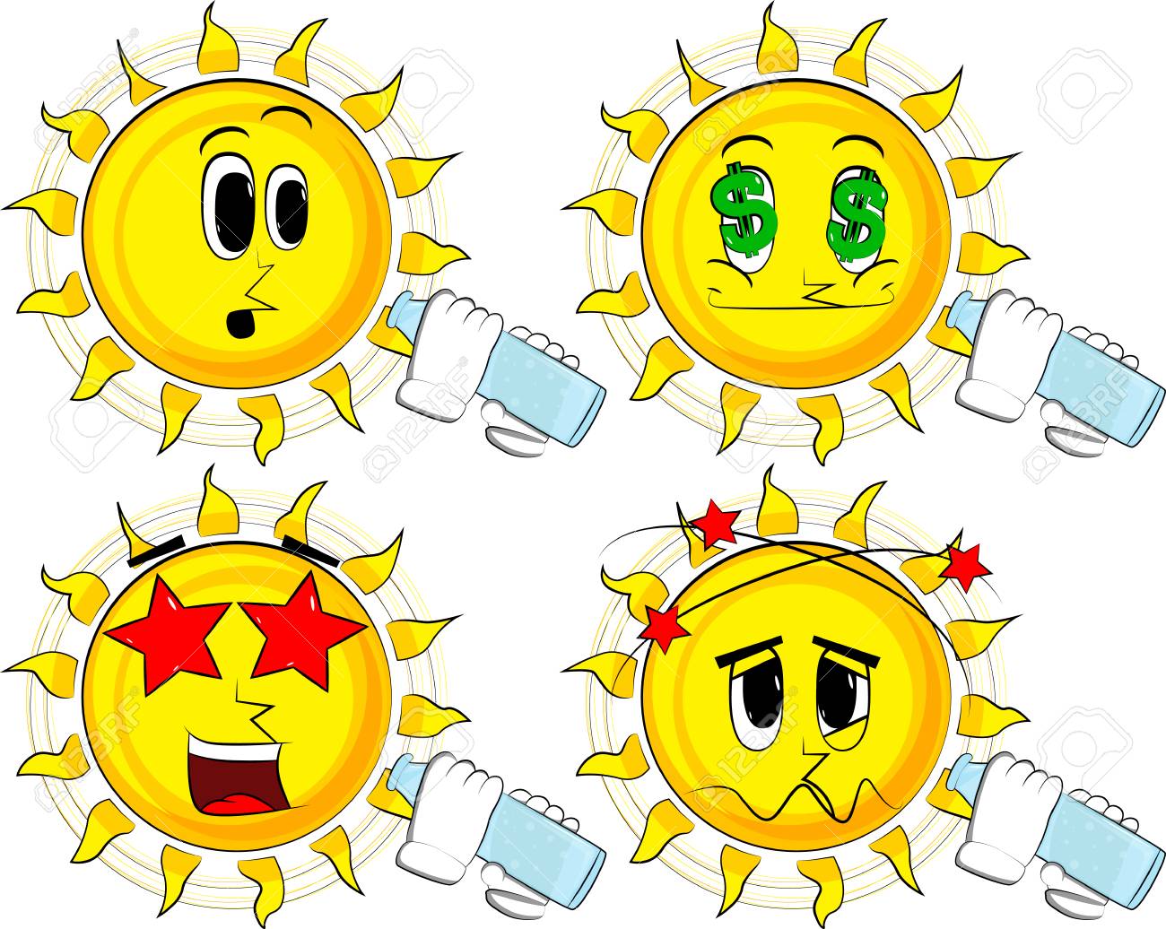 ガラス瓶から水を飲む漫画の太陽 様々な表情を持つコレクション のイラスト素材 ベクタ Image