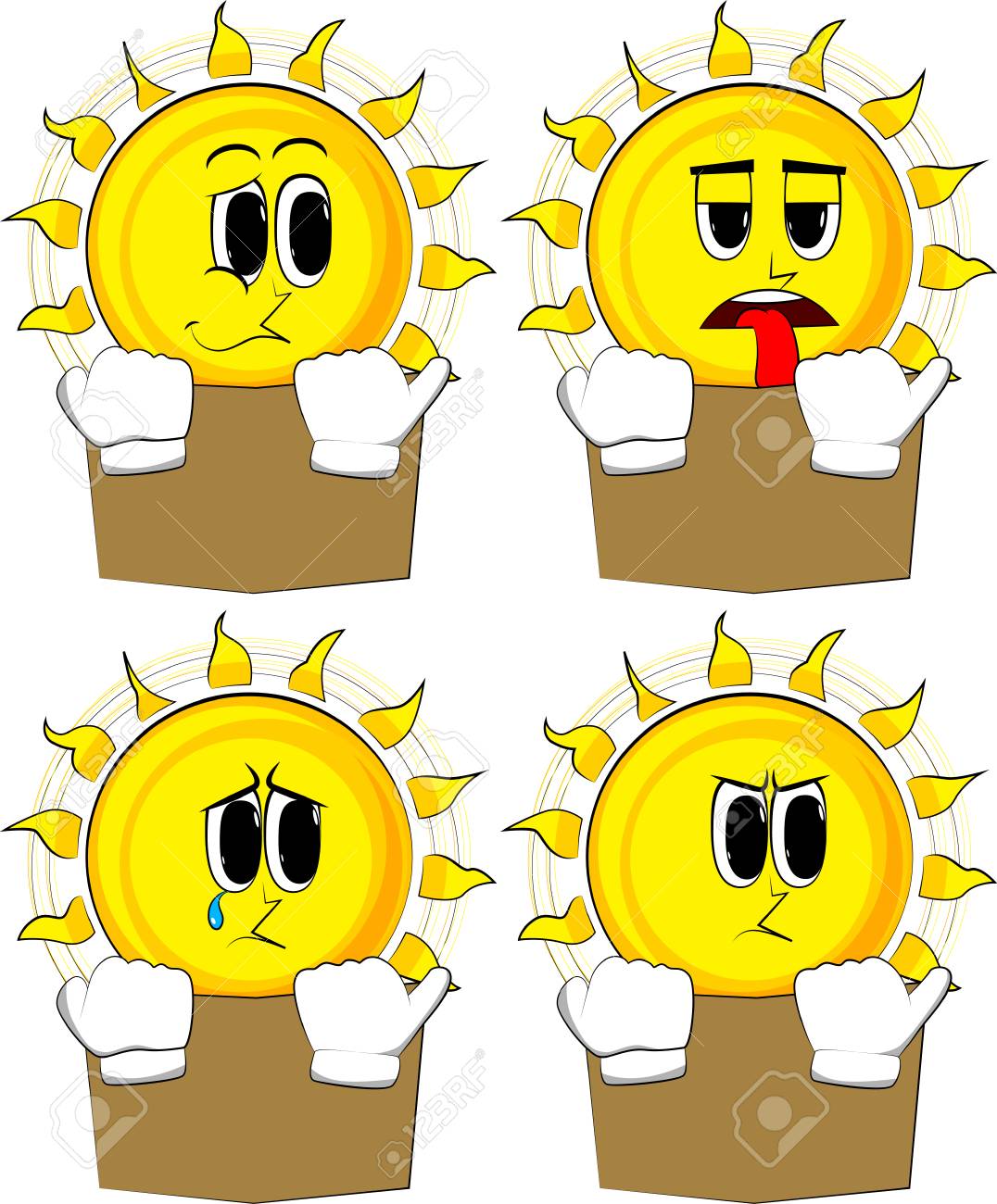 Livre De Lecture Soleil Dessin Animé Et Se Cachant Derrière Elle Collection Avec Des Visages Tristes Expressions Vectorielles Ensemble