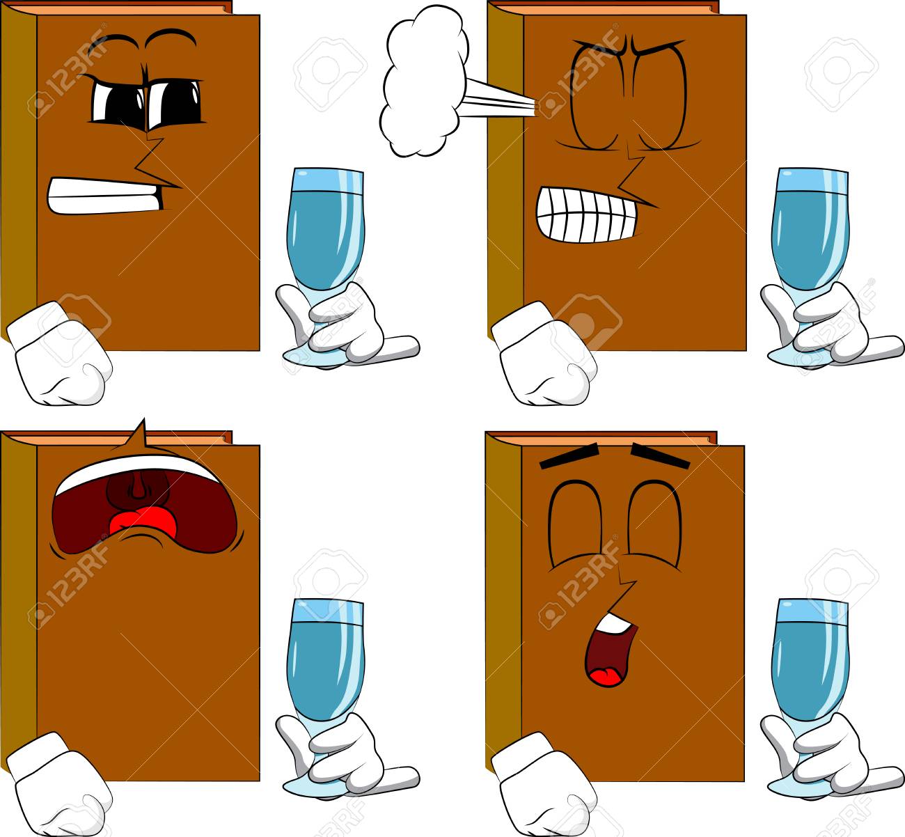 コップ一杯の水で本 怒りと悲しい顔を持つ漫画の本のコレクション 式ベクトル セット のイラスト素材 ベクタ Image