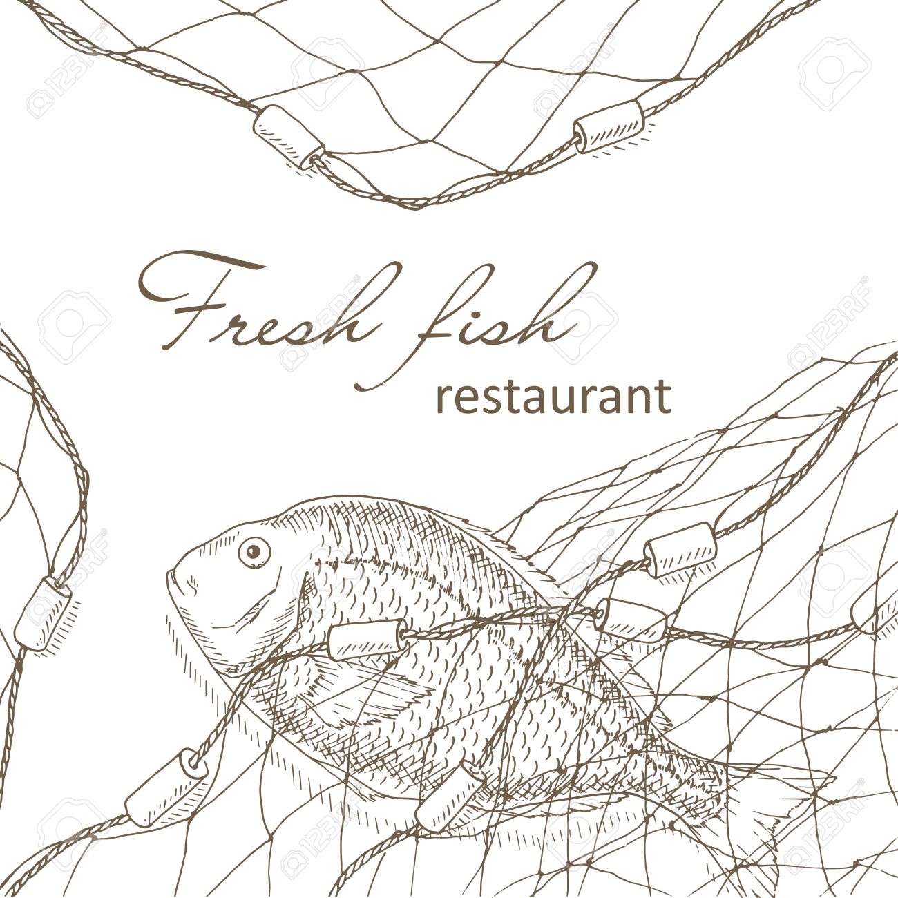 Fish Caught In The Net. Fish And Fishing Net Background. Restaurant Menu  Design Cover. Fishing Flyer. Big Fish And Fishnet Template. Fish Hand Drawn  Vector Illustrations. Fish Net Card. Fishery Frame Royalty