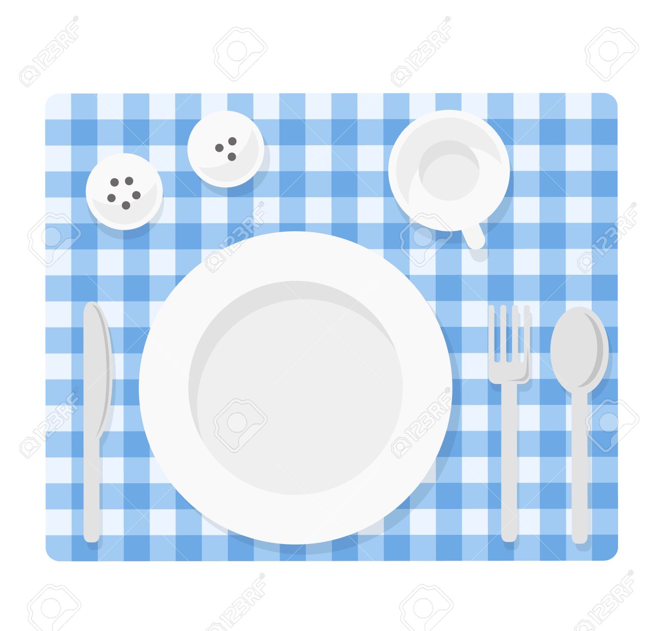 Tableware. Empty Plate With Knife, Spoon, Fork, Cup, Salt And ... Tableware. Empty Plate With Knife, Spoon, Fork, Cup, Salt And ...