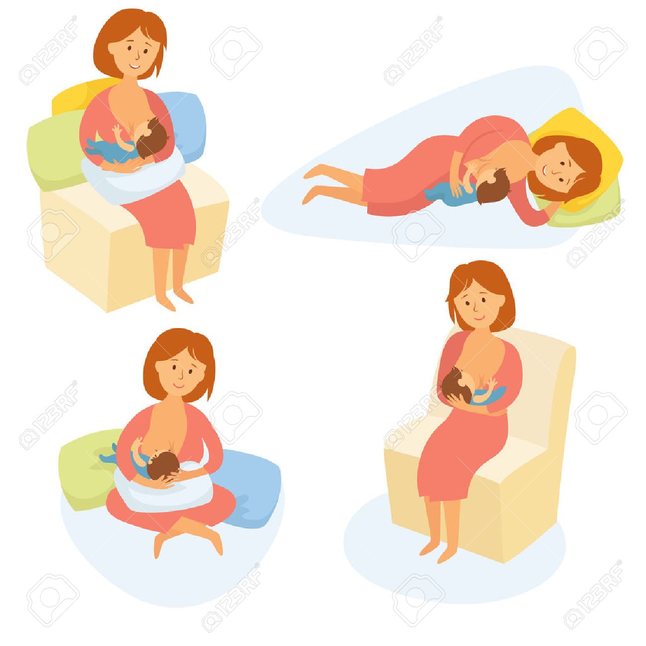 Breastfeeding position. Mother feeds baby with breast. Comfortable pose for feeding child. Mom lactation infant milk. Motherhood and childhood. Woman breastfeed baby in different poses. Cartoon vector - 54930833 Breastfeeding position. Mother feeds baby with breast. Comfortable pose for feeding child. Mom lactation infant milk. Motherhood and childhood. Woman breastfeed baby in different poses. Cartoon vector - 54930833