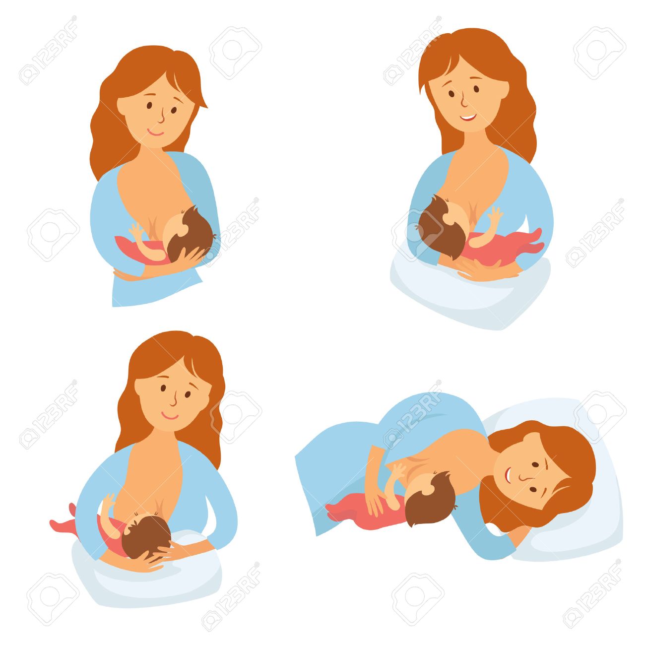 Breastfeeding position. Mother feeds baby with breast. Comfortable pose for feeding child. Mom lactation infant milk. Motherhood and childhood. Woman breastfeed baby in different poses. Cartoon vector - 54930836 Breastfeeding position. Mother feeds baby with breast. Comfortable pose for feeding child. Mom lactation infant milk. Motherhood and childhood. Woman breastfeed baby in different poses. Cartoon vector - 54930836
