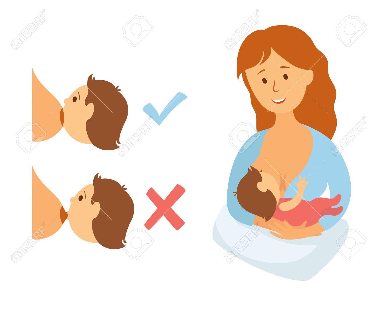 Correct breastfeeding position. Mother feeds baby with breast. Correct and incorrect pose for feeding child. Mom lactation infant milk. Woman breastfeed baby in right poses. Cartoon vector - 54930834 Correct breastfeeding position. Mother feeds baby with breast. Correct and incorrect pose for feeding child. Mom lactation infant milk. Woman breastfeed baby in right poses. Cartoon vector - 54930834