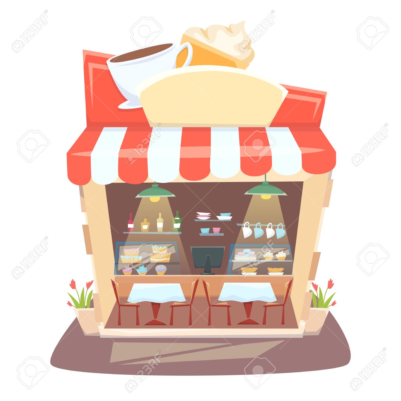 Cafe Shop Interior. Street Local Cafeteria Building. European Bar Inside  Table, Chair And Showcases.Cafe Interior Cartoon Vector Illustration.  Royalty Free SVG, Cliparts, Vectors, and Stock Illustration. Image 60391608., image size:1300x1300