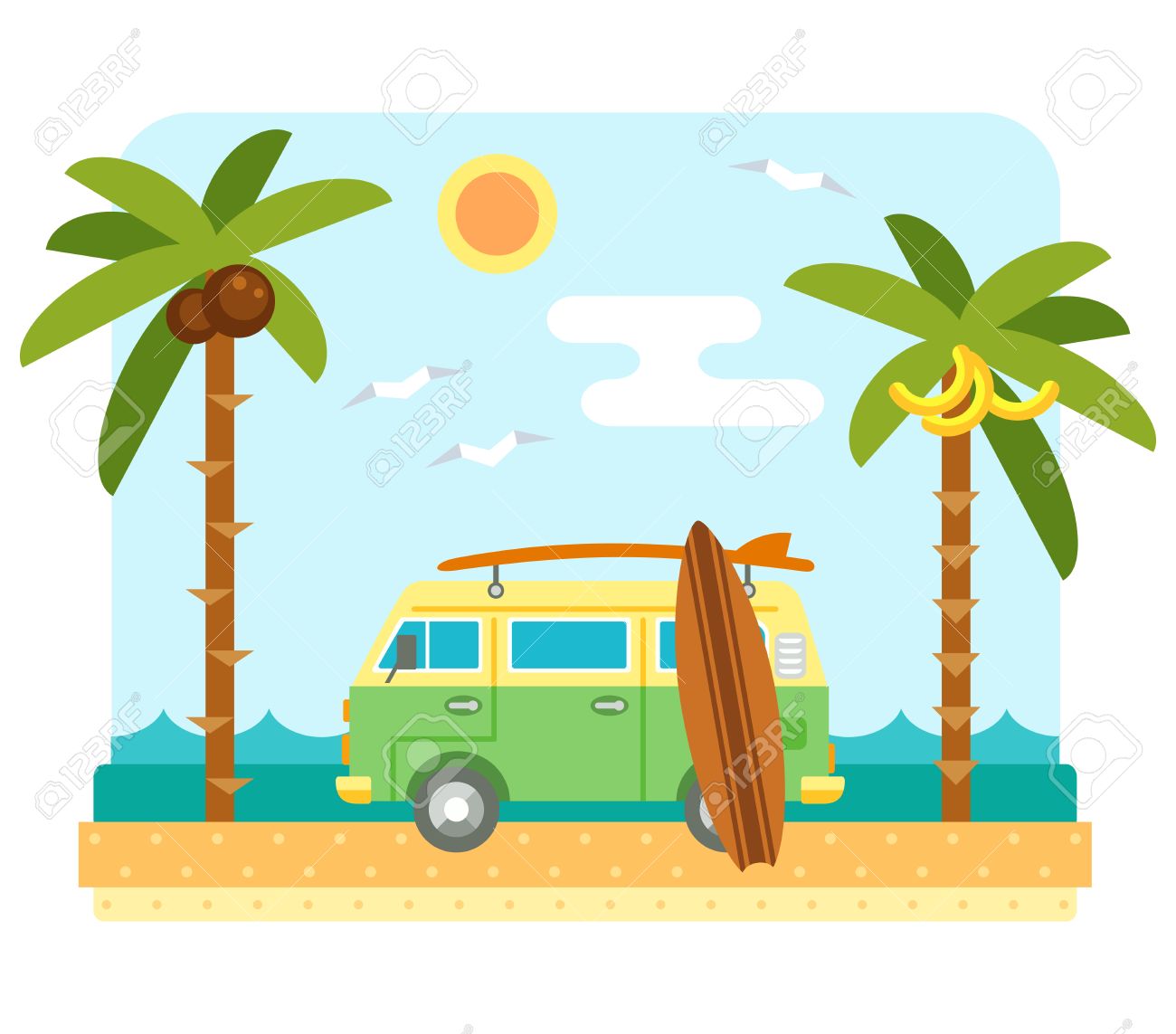 ビーチでサーフィンのバン キャンピングカー 海とフラットのビーチのシーンは サーフボードやヤシの木を送信します ボードとサーファー車 夏のビーチや海の波を風景します サーフ ヴァンと海岸のボード 熱帯の楽園のイラスト素材 ベクタ Image