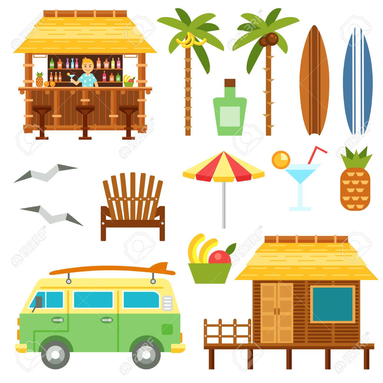 beach scene elements with bar surf van umbrella chair and