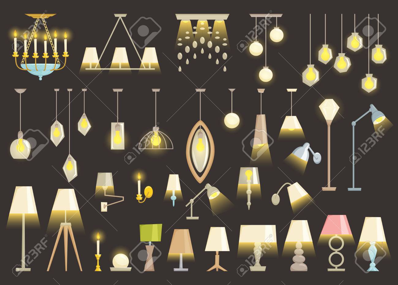 Lighting Design Vector : Lamp set isolated on black background interior light design