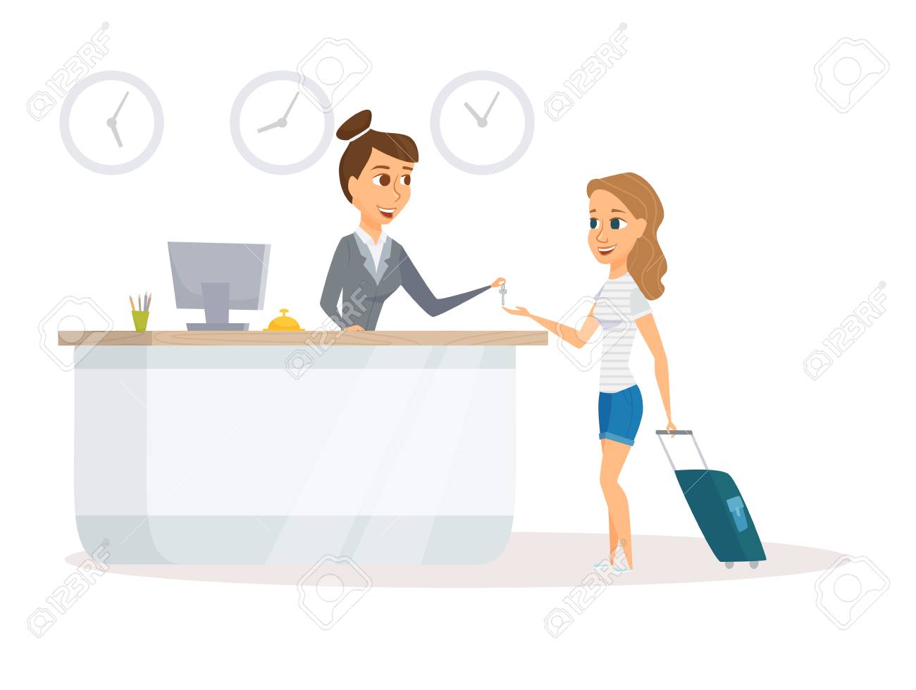 マネージャーとホテルのフロントでお客様 コンシェルジュ サービス 女性到着またはロビーでチェックイン 受付やゲスト 漫画の女の子旅行と予約部屋 おもてなしのスタッフ のイラスト素材 ベクタ Image