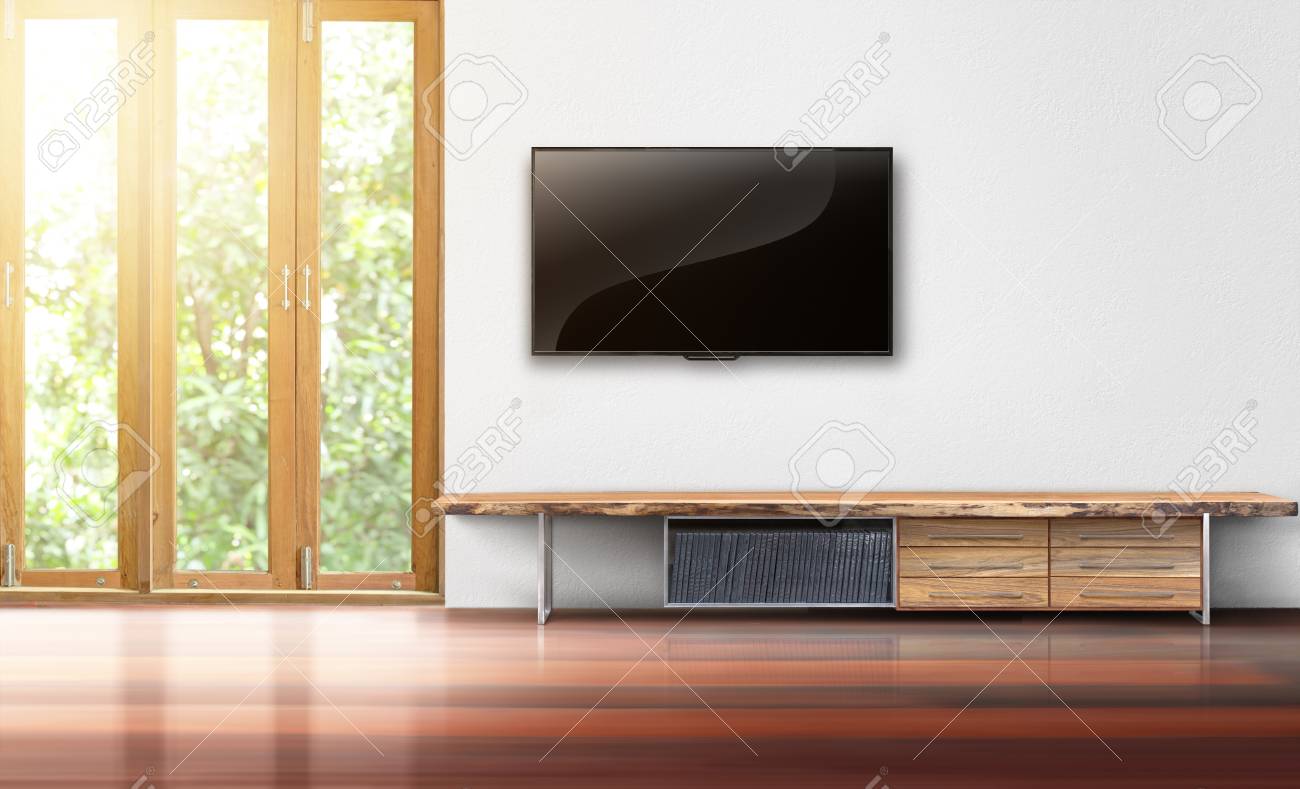 Tv On White Wall Empty Living Room Interior Stock Photo Picture And Royalty Free Image Image 97337038
