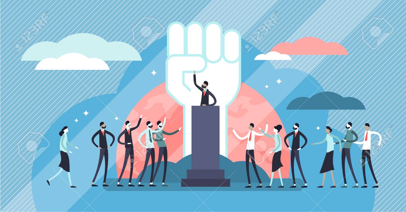 ポピュリズムベクトルのイラスト。フラット小さなリーダー操作人の概念。群衆を嘘をつく情報漏えい 戦略。政治的フェイクニュースアプローチイデオロギー。国家を説得するデマゴギーのスピーチ力。のイラスト素材・ベクター Image 121670799