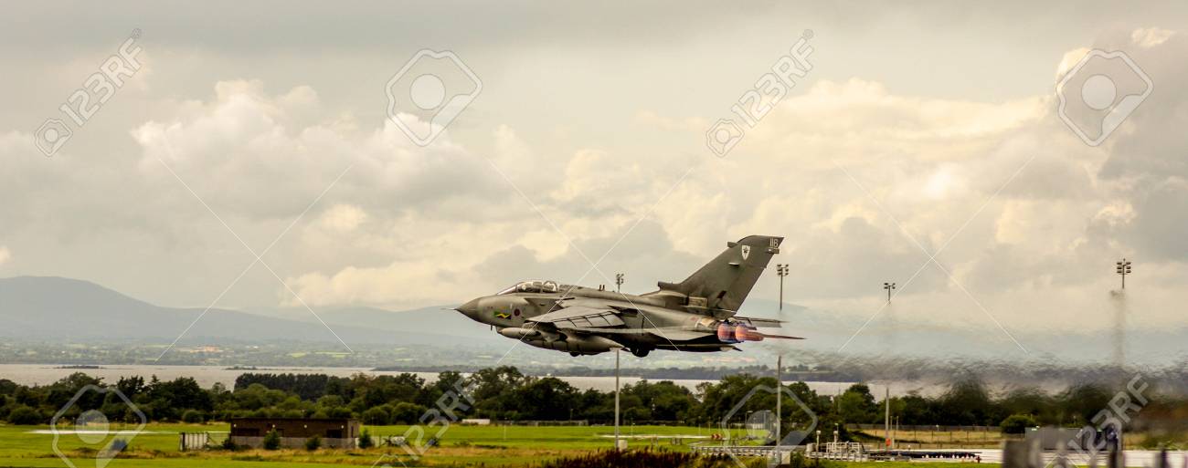 A Royal Air Force RAF Fighter Jet Takes Off With Afterburner