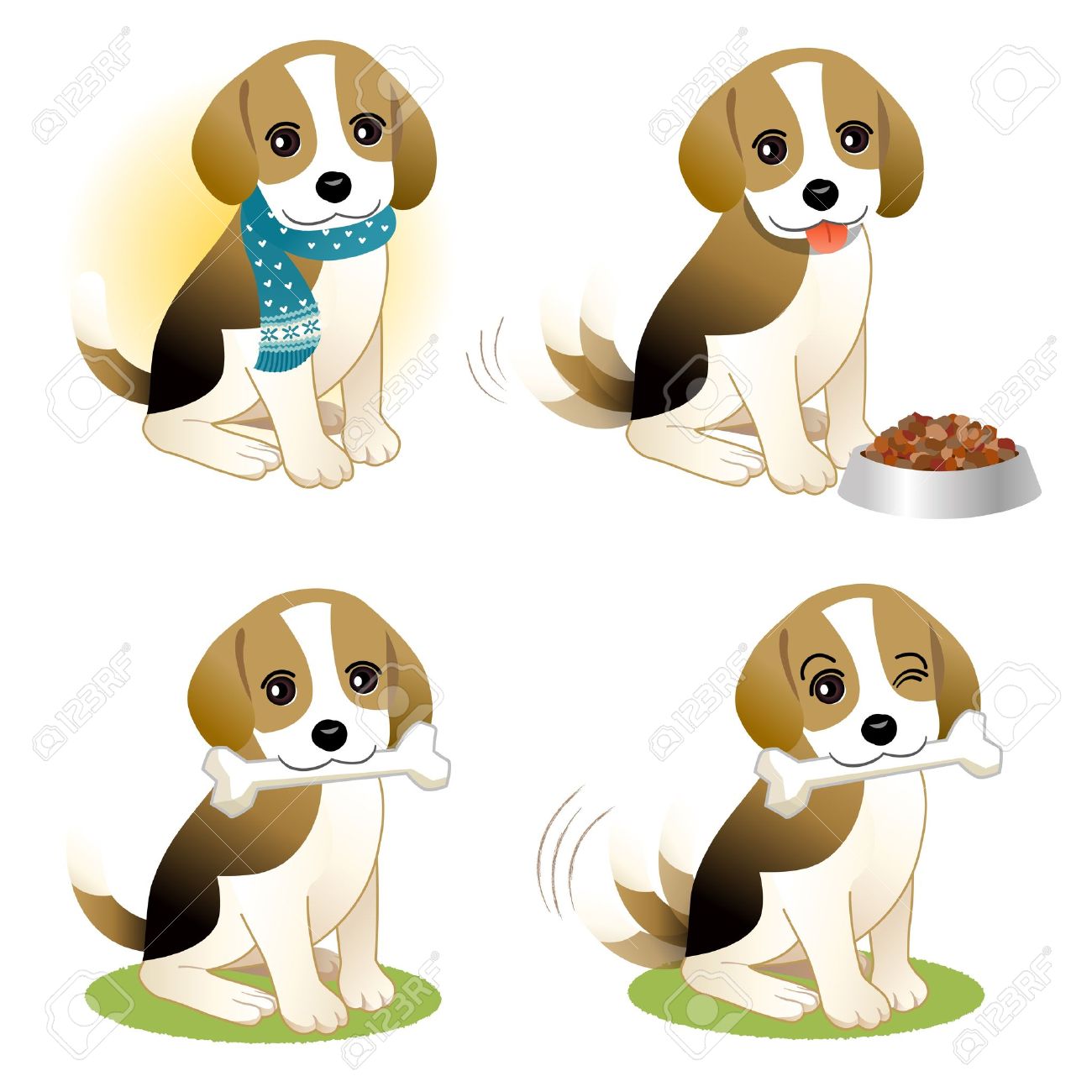 ボウルにビーグル犬の子犬の ニットのスカーフを身に着けている骨と犬の食べ物を設定します のイラスト素材 ベクタ Image 1669