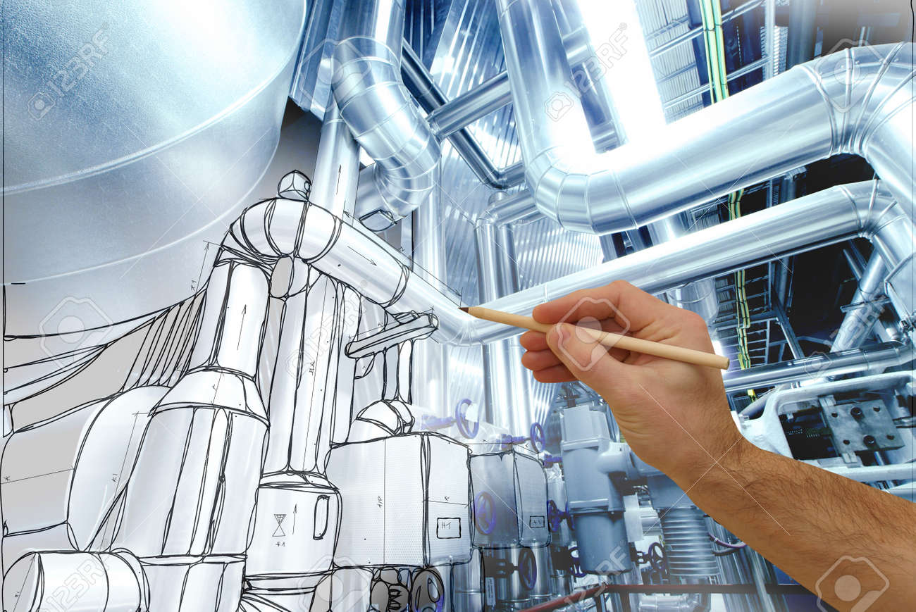 man's hand draws a design of factory combined with photo of modern industrial power plant - 54297676 man's hand draws a design of factory combined with photo of modern industrial power plant - 54297676