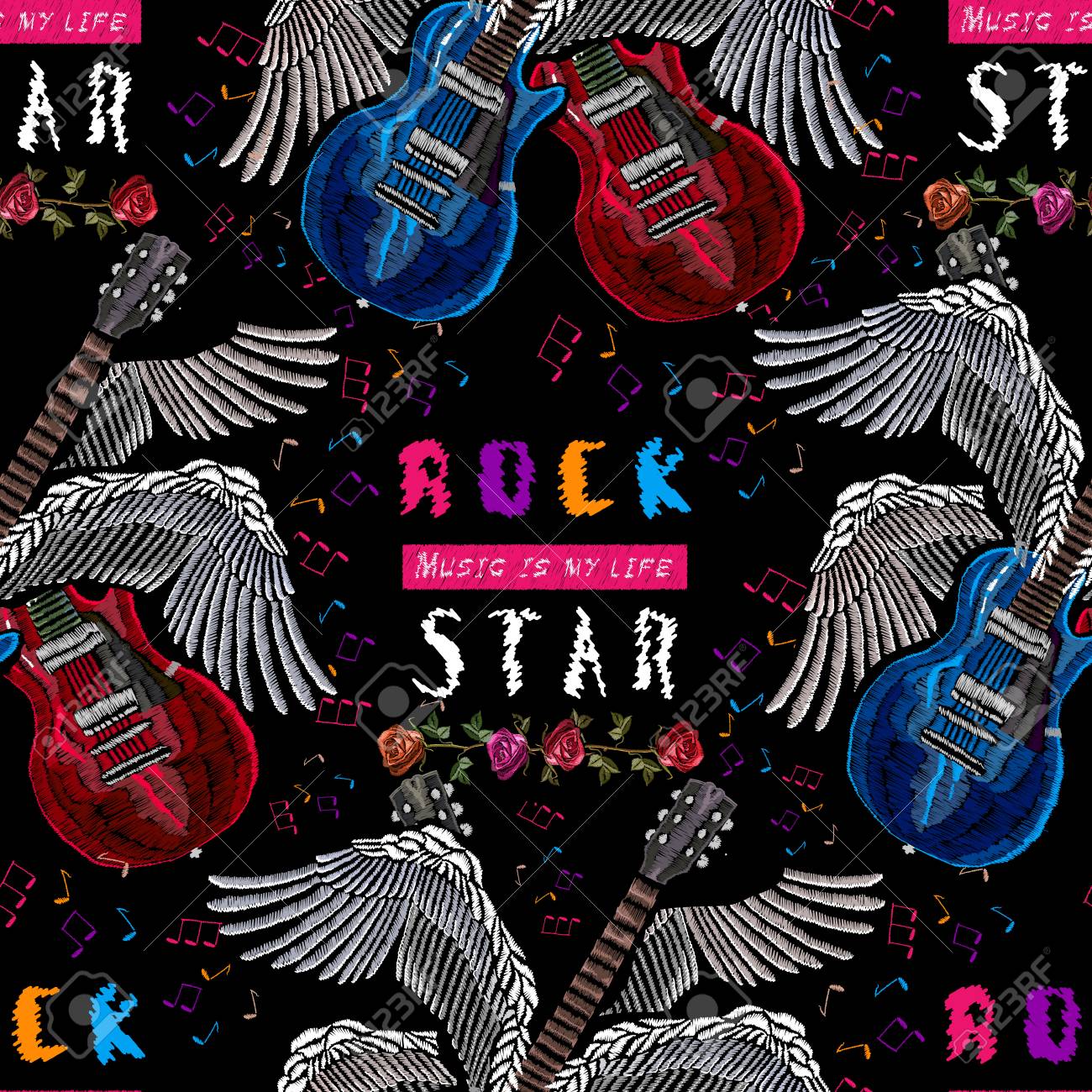 翼とバラのシームレスなパターン ロック スター スローガンと刺繍のギター おしゃれな刺繍シームレス パターン 女性 女性の T シャツのデザインのベクトル のイラスト素材 ベクタ Image