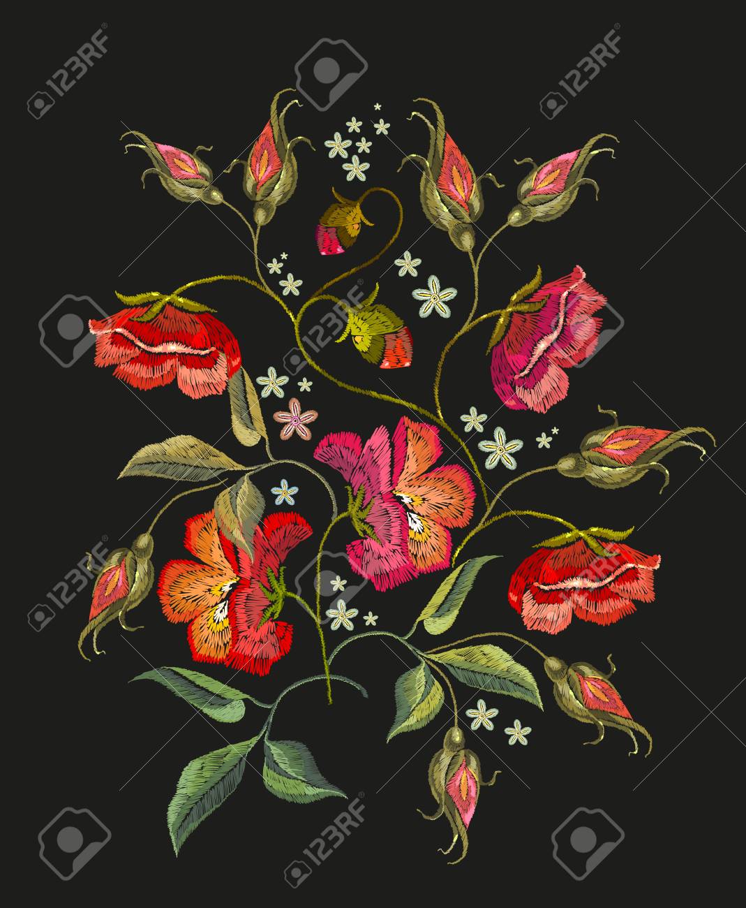 刺繍のバラ花 T シャツ デザイン 黒の背景に美しい赤いバラの古典的な刺繍 服 織物 T シャツのデザイン テンプレートのイラスト素材 ベクタ Image