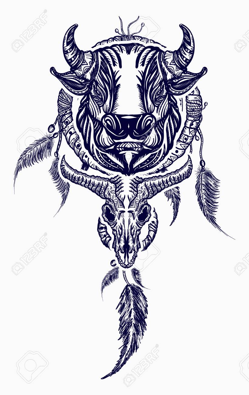 Tribal Bull And Dreamcatcher Tattoo Art. Indian Dream Catcher With Ethnic Ornaments And Ethnic Bull Head Tattoo. Boho Native American Style T-shirt Design Royalty Free SVG, Cliparts, Vectors, and Stock Illustration. Image