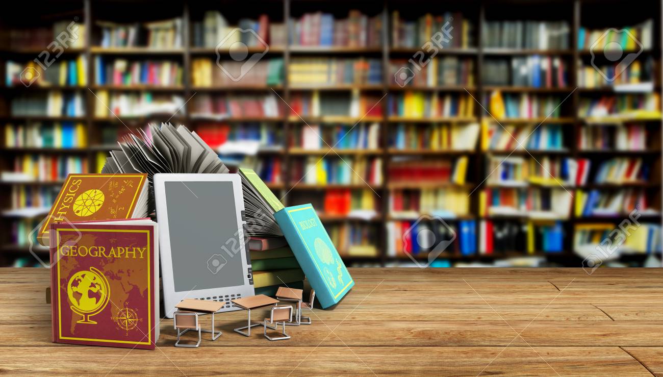 e book reader books and tablet library background 3d render success 3d library