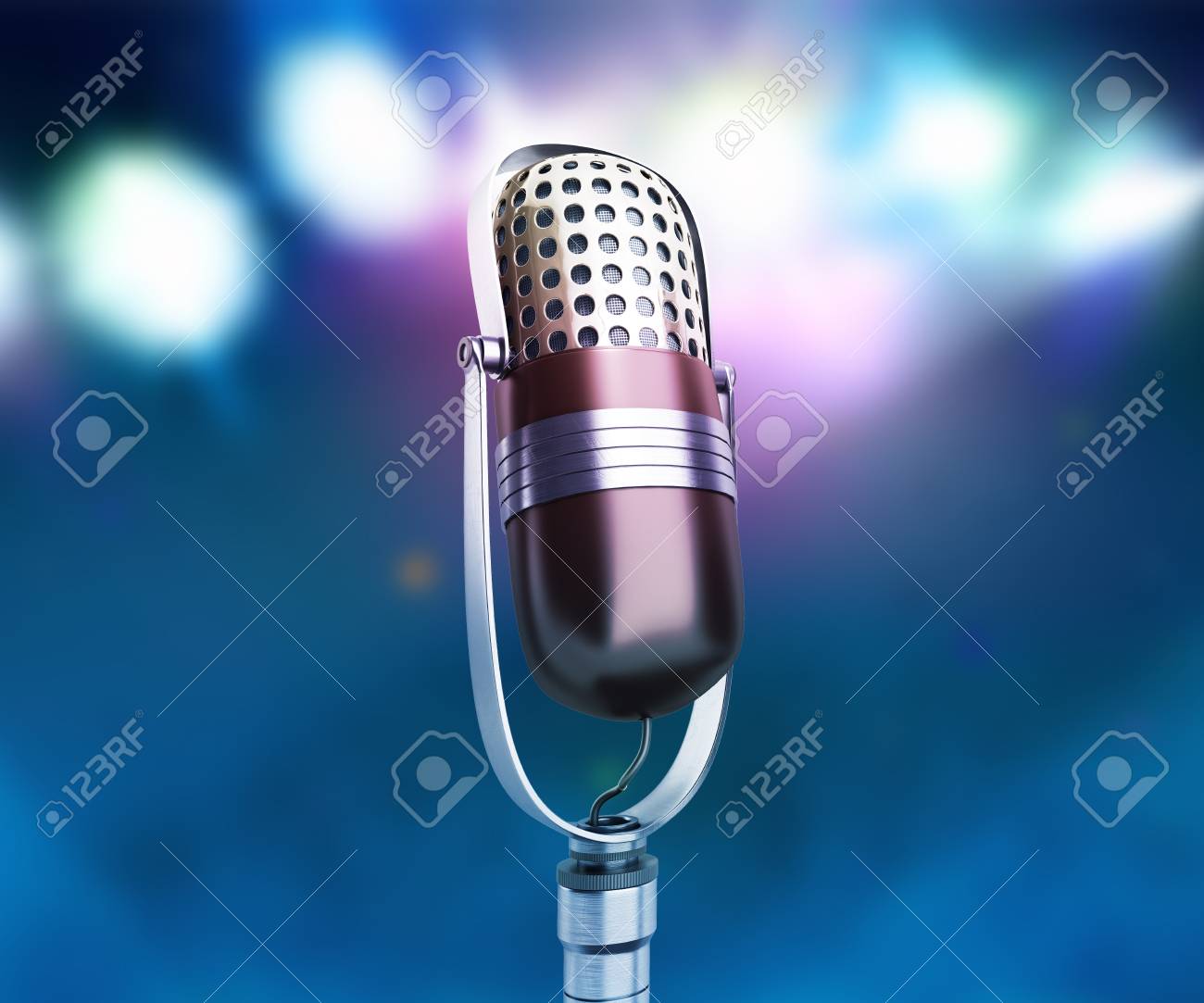 ビンテージ シルバー マイクすぐカラオケ背景 3 D のレンダリングを の 