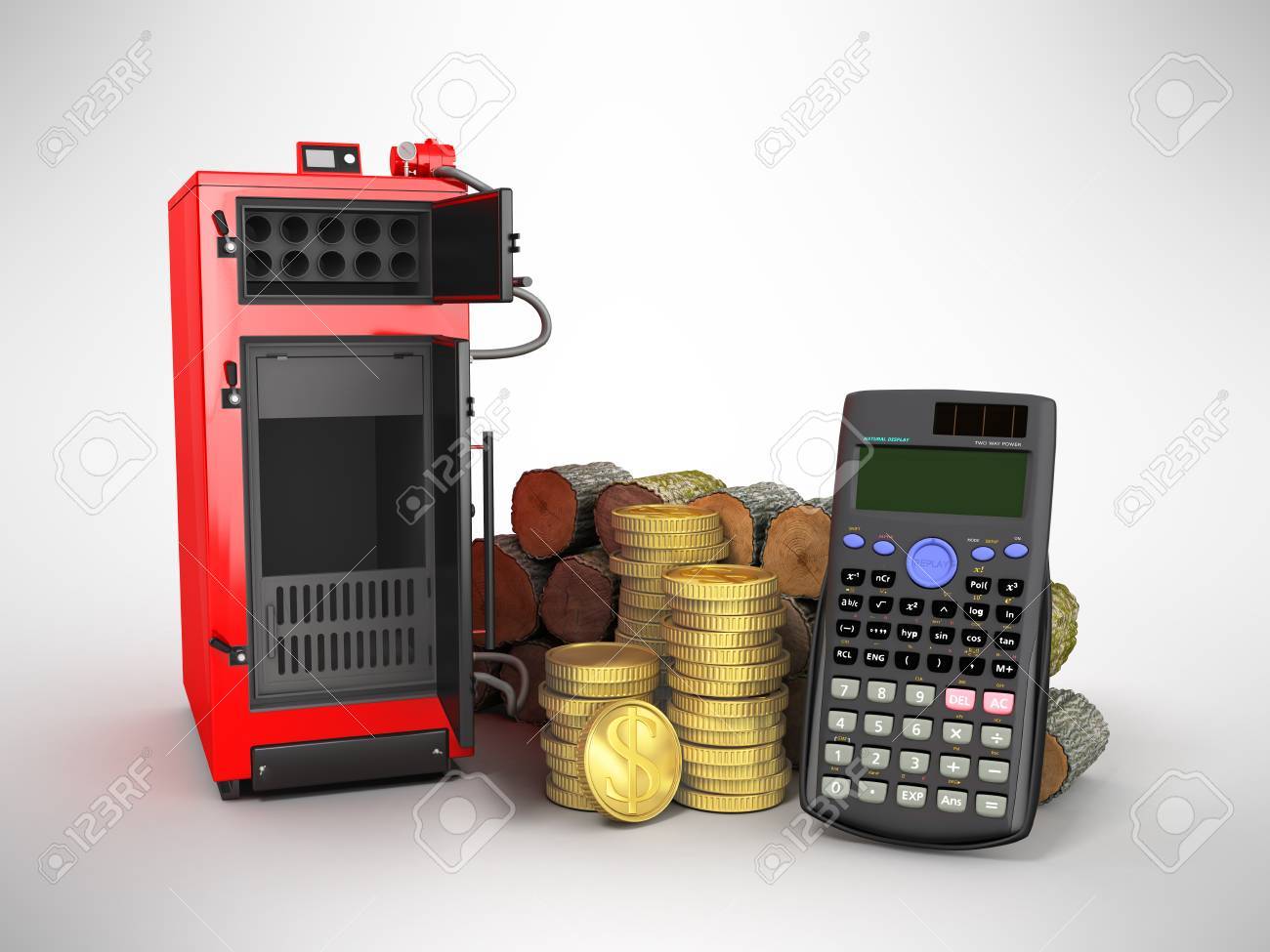 고체 연료 보일 러와 컨트리 하우스를 난방의 개념 계산 회색 배경에 3d 렌더링 로열티 무료 사진, 그림, 이미지 그리고  스톡포토그래피. Image 85947774