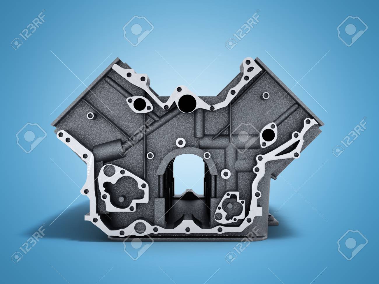 青色の背景に V6 エンジンの 3 D のレンダリングが付いている車からシリンダー ブロック の写真素材 画像素材 Image