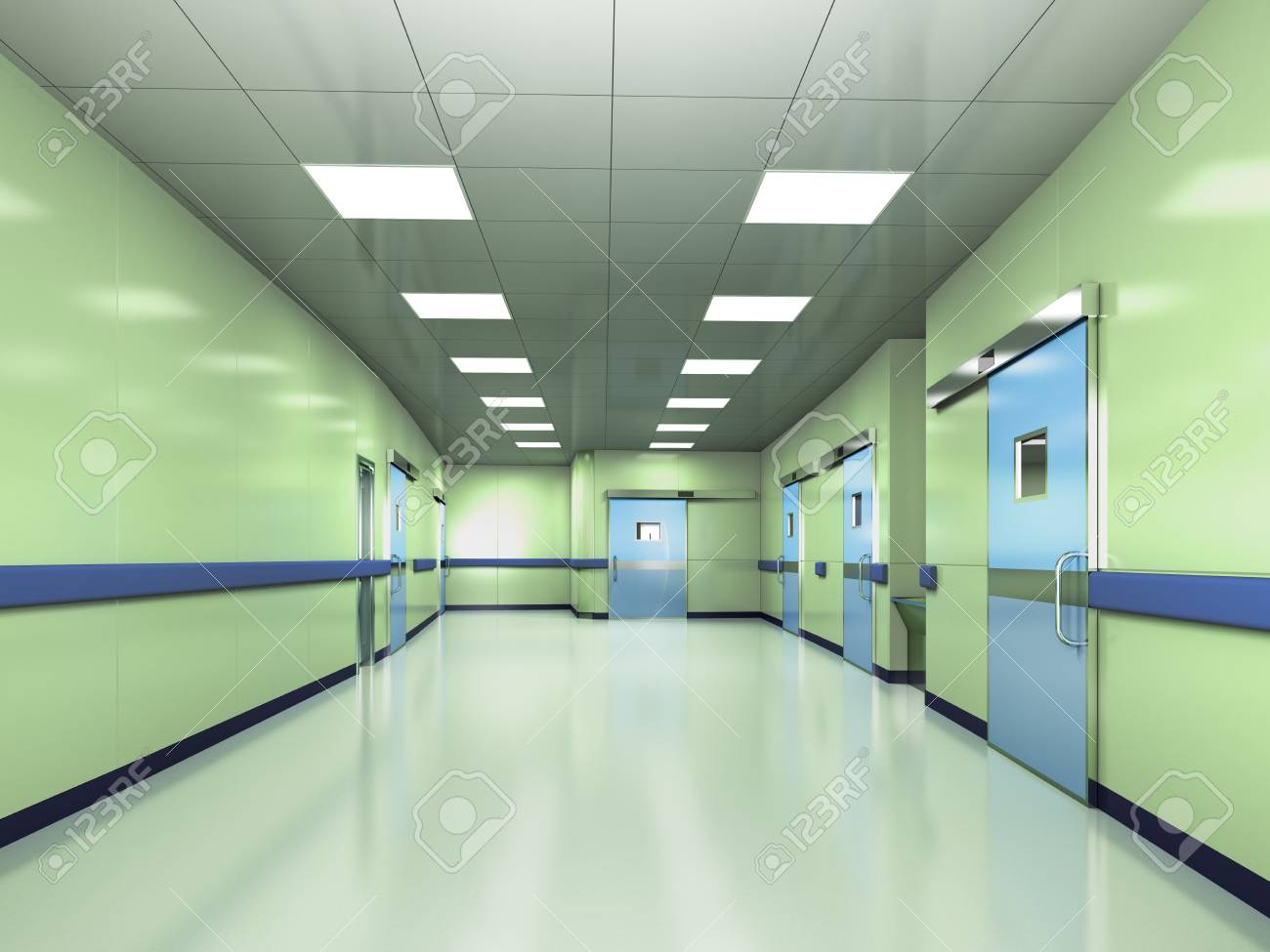 Modern Interior Of The Hospital Corridor To Wards Green 3d Rendering