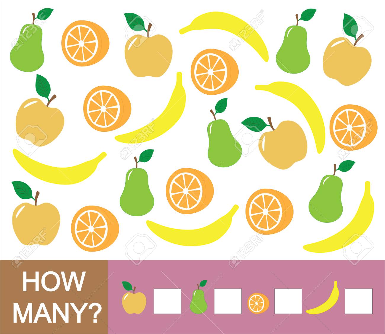 Counting educational game for children. How many fruits (apple, pear, orange, banana). Learning numbers, mathematics. - 91803246 Counting educational game for children. How many fruits (apple, pear, orange, banana). Learning numbers, mathematics. - 91803246