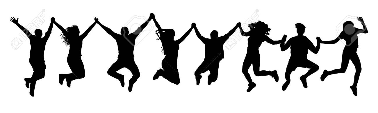 ジャンプのシルエットで手をつないでいる人 のイラスト素材 ベクタ Image