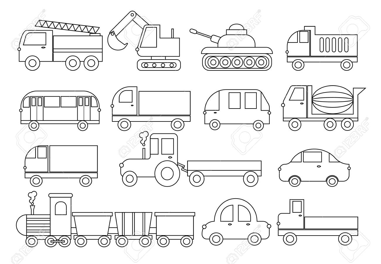 塗り絵 輸送のセット 車 バス 列車 消防車 コンクリートミキサー ダンプトラック トラック 列車 トラクター 掘削機やベクトルイラストなど の イラスト素材 ベクタ Image