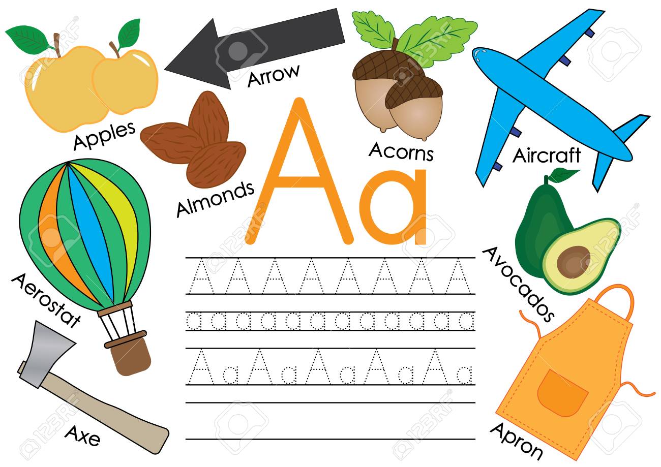 Letter A Learning English Alphabet With Pictures And Writing Practice For Children Vector Illustration Royalty Free Cliparts Vectors And Stock Illustration Image 96618387