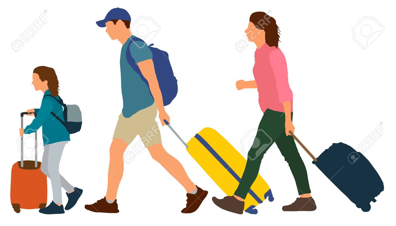 Young couple with a child rides on a resort. People go with suitcases. Vector illustration - 129262496 Young couple with a child rides on a resort. People go with suitcases. Vector illustration - 129262496